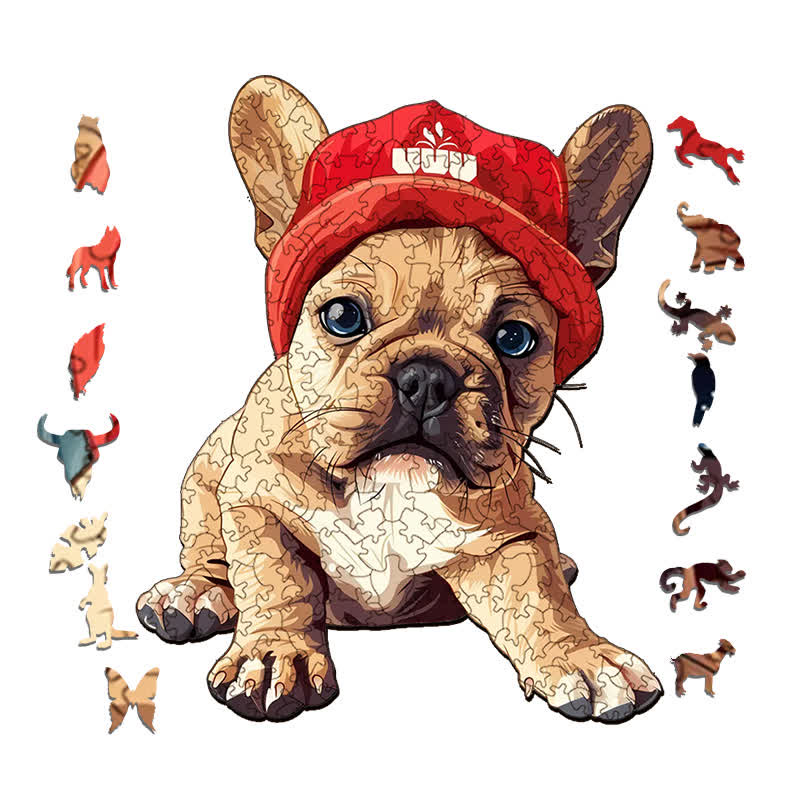 French bulldog dog in red cap  - Wooden Jigsaw Puzzle - image 1