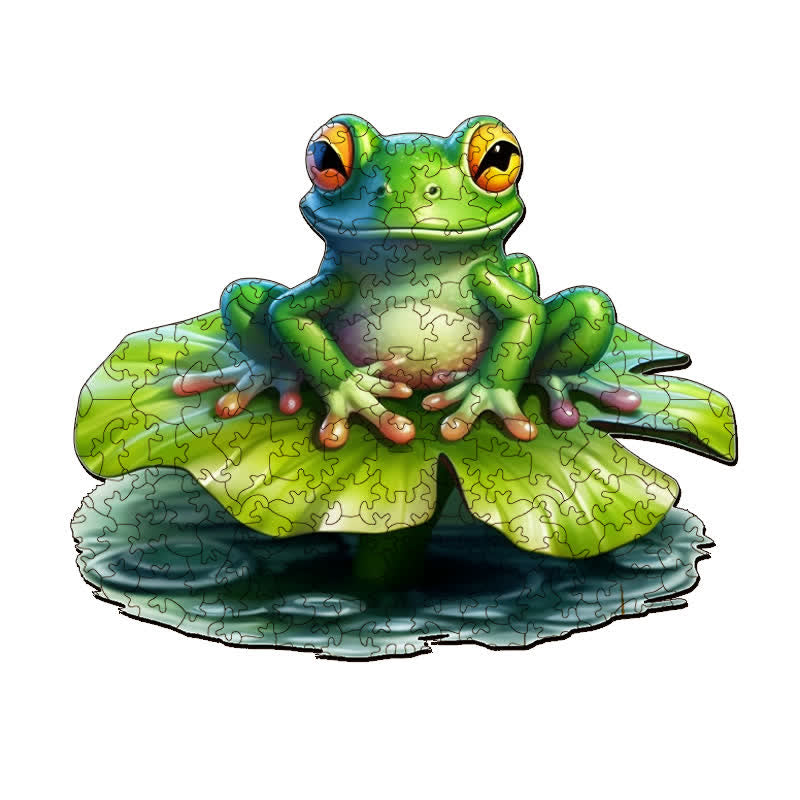 Lovely green baby frog on a big water lilly -  Wooden Jigsaw Puzzle - A3 - Wooden Gift Packaging - image 0
