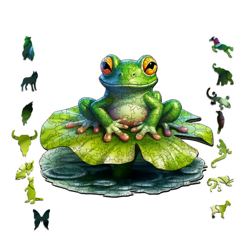 Lovely green baby frog on a big water lilly -  Wooden Jigsaw Puzzle - image 1