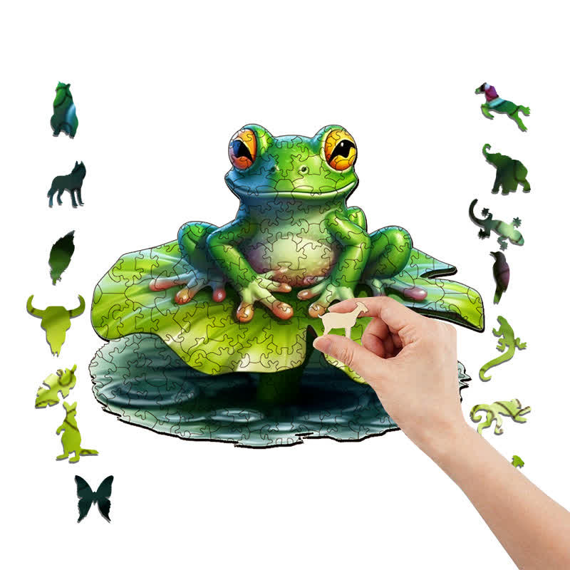 Lovely green baby frog on a big water lilly -  Wooden Jigsaw Puzzle - image 5