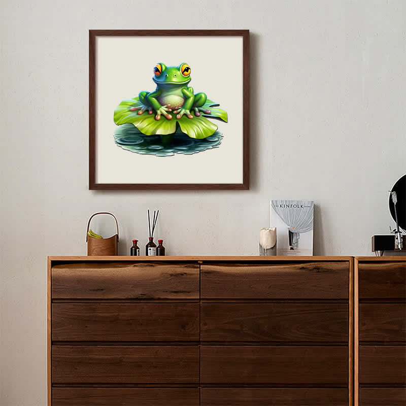 Lovely green baby frog on a big water lilly -  Wooden Jigsaw Puzzle - image 4