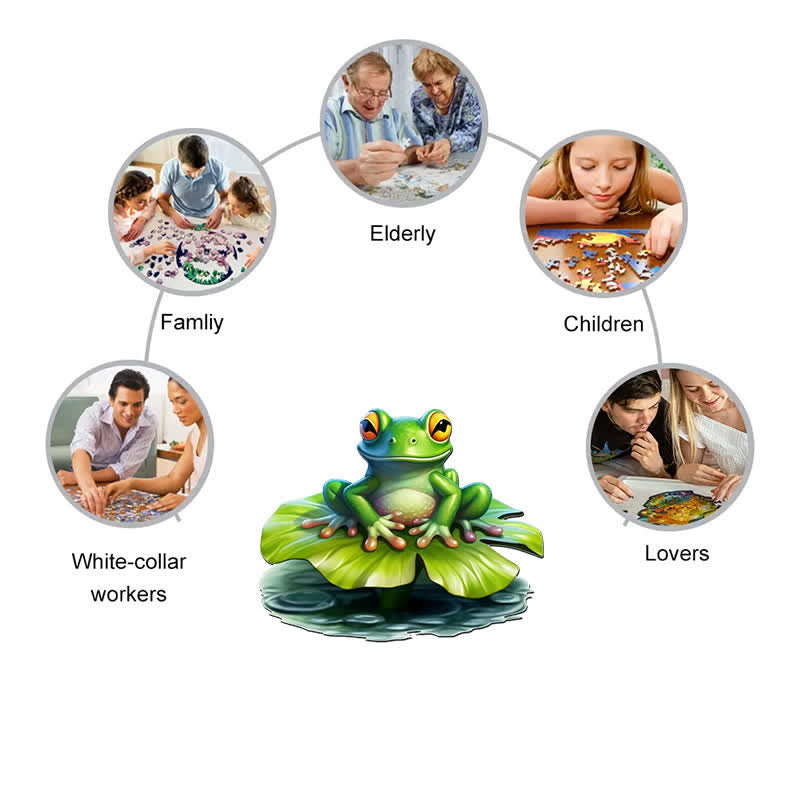 Lovely green baby frog on a big water lilly -  Wooden Jigsaw Puzzle - image 6