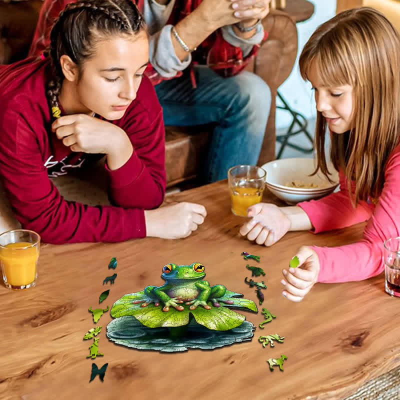 Lovely green baby frog on a big water lilly -  Wooden Jigsaw Puzzle - image 3