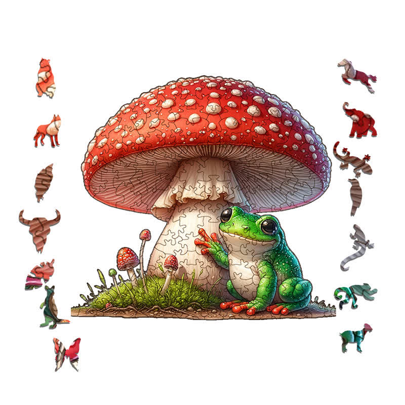 A frog sitting on a mushroom - Wooden Jigsaw Puzzle - image 1
