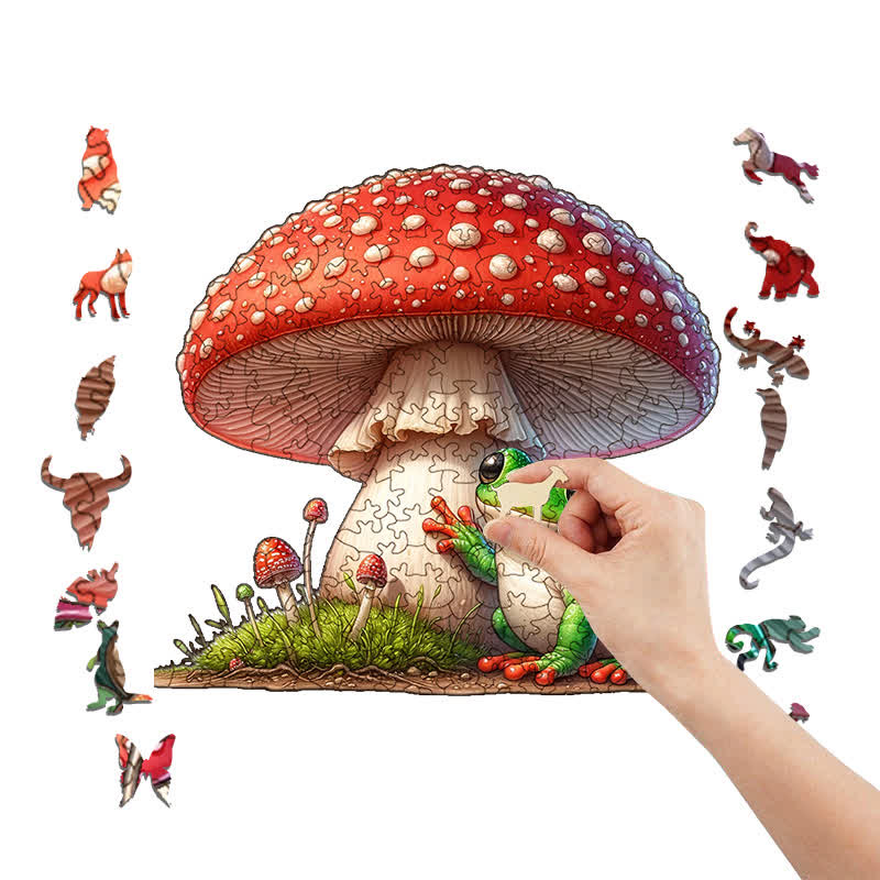 A frog sitting on a mushroom - Wooden Jigsaw Puzzle - image 5