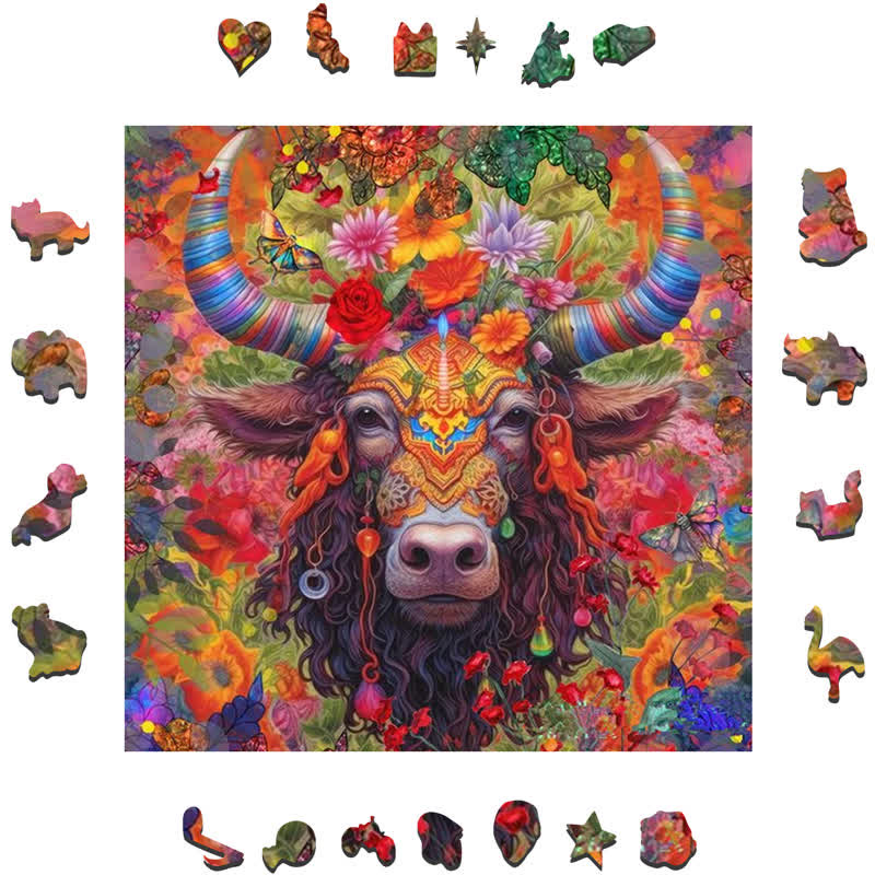 Colorful Highland Cattle Cow - Wooden Jigsaw Puzzle - image 1