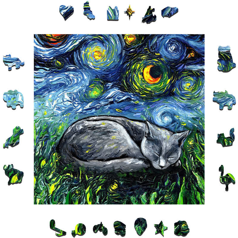 Sleeping Gray Tabby Cat Starry Night - Wooden Jigsaw Puzzle - image 1
