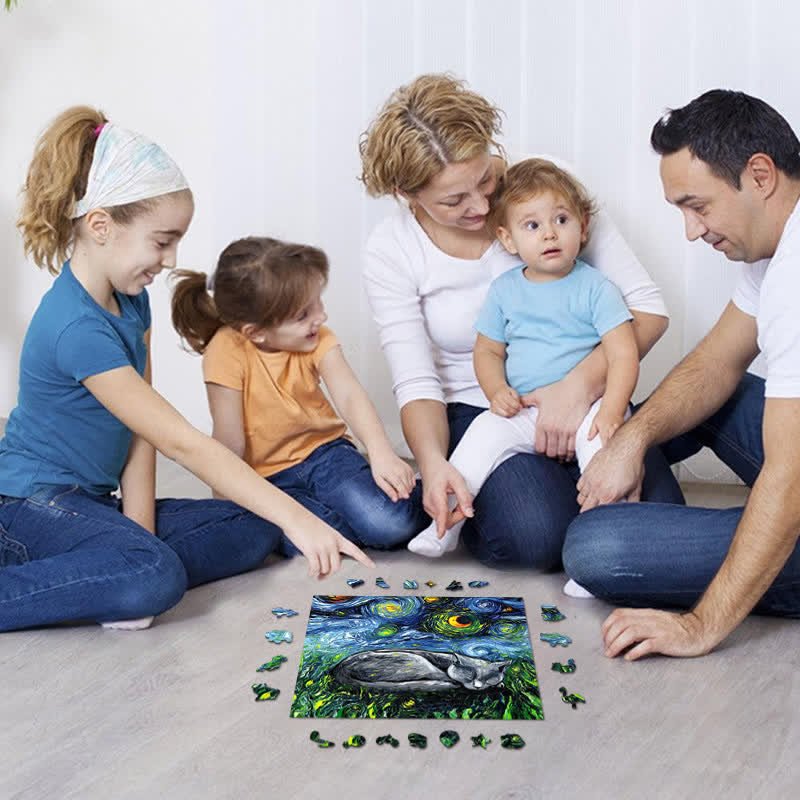 Sleeping Gray Tabby Cat Starry Night - Wooden Jigsaw Puzzle - image 3