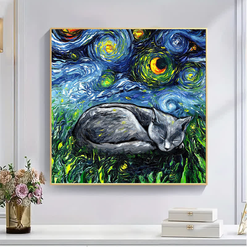 Sleeping Gray Tabby Cat Starry Night - Wooden Jigsaw Puzzle - image 6