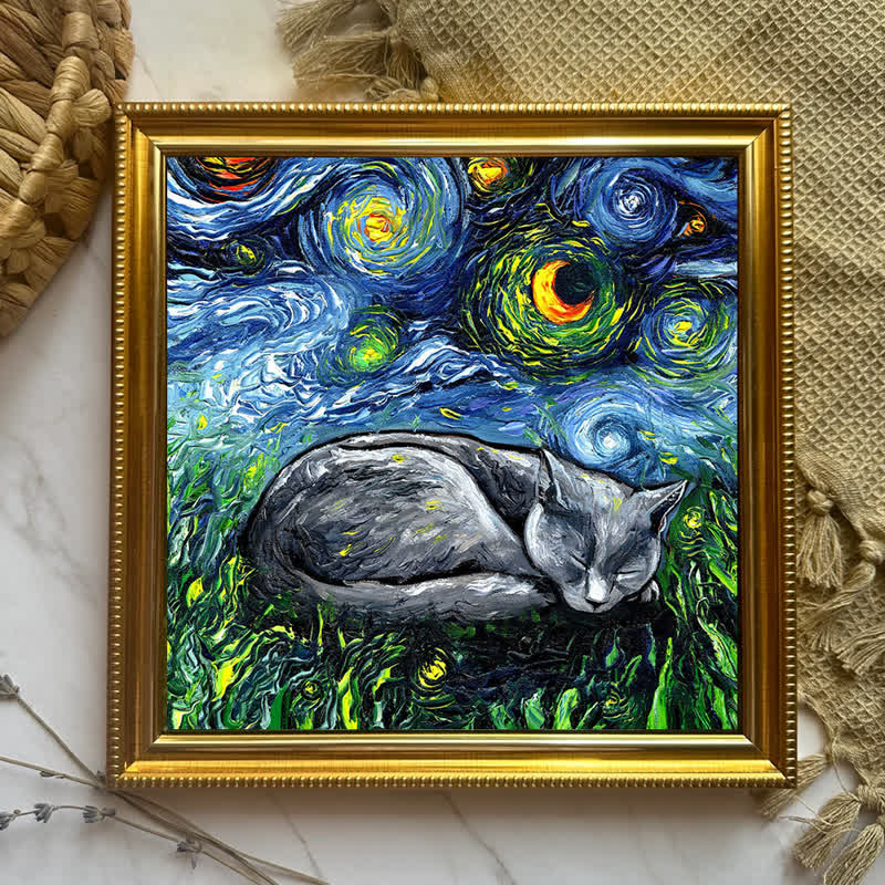Sleeping Gray Tabby Cat Starry Night - Wooden Jigsaw Puzzle - image 5
