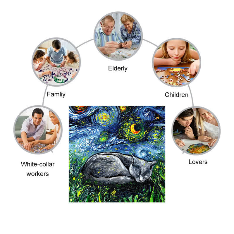 Sleeping Gray Tabby Cat Starry Night - Wooden Jigsaw Puzzle - image 4