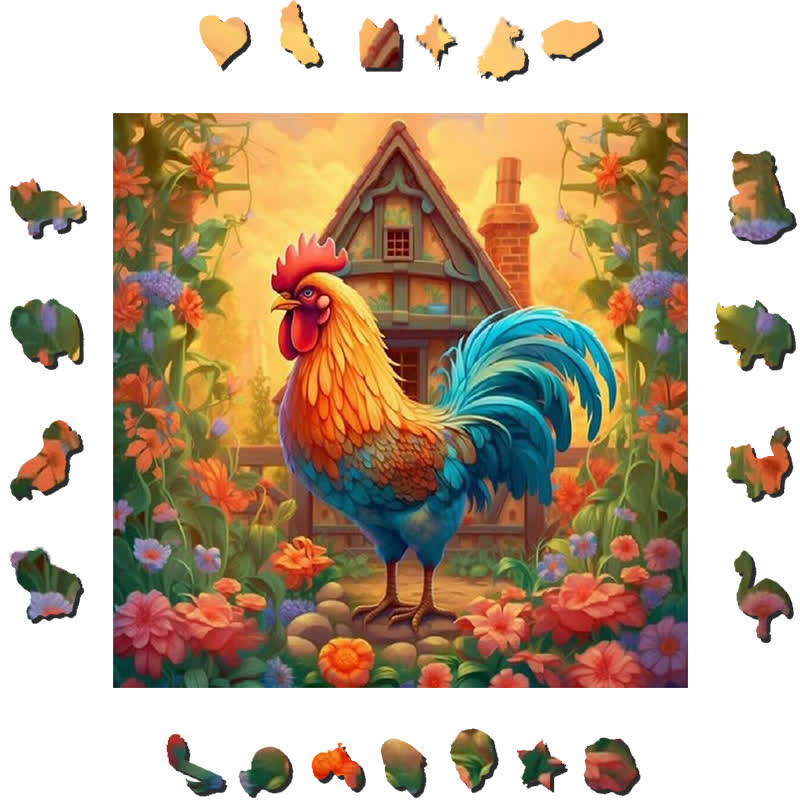 Flower Garden Rooster - Wooden Jigsaw Puzzle - image 1
