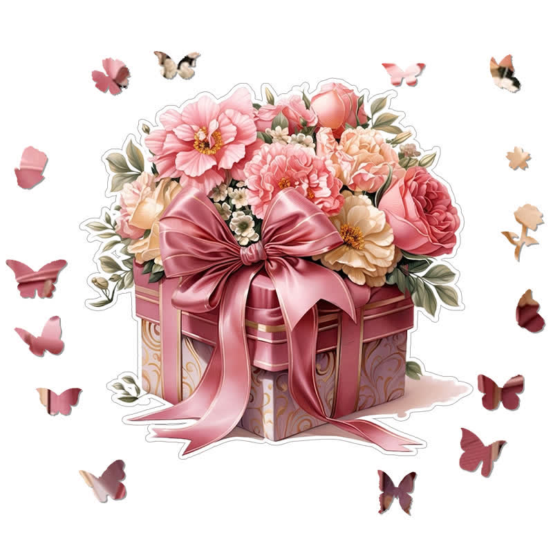 Pink Gift Box Flowers - Wooden Jigsaw Puzzle - image 1