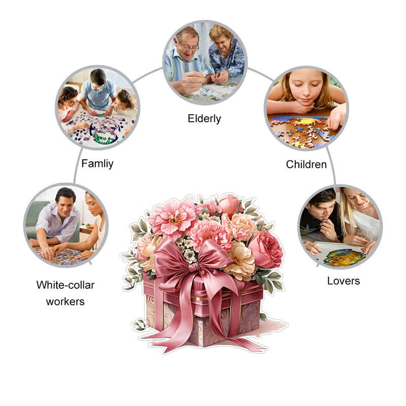 Pink Gift Box Flowers - Wooden Jigsaw Puzzle - image 4