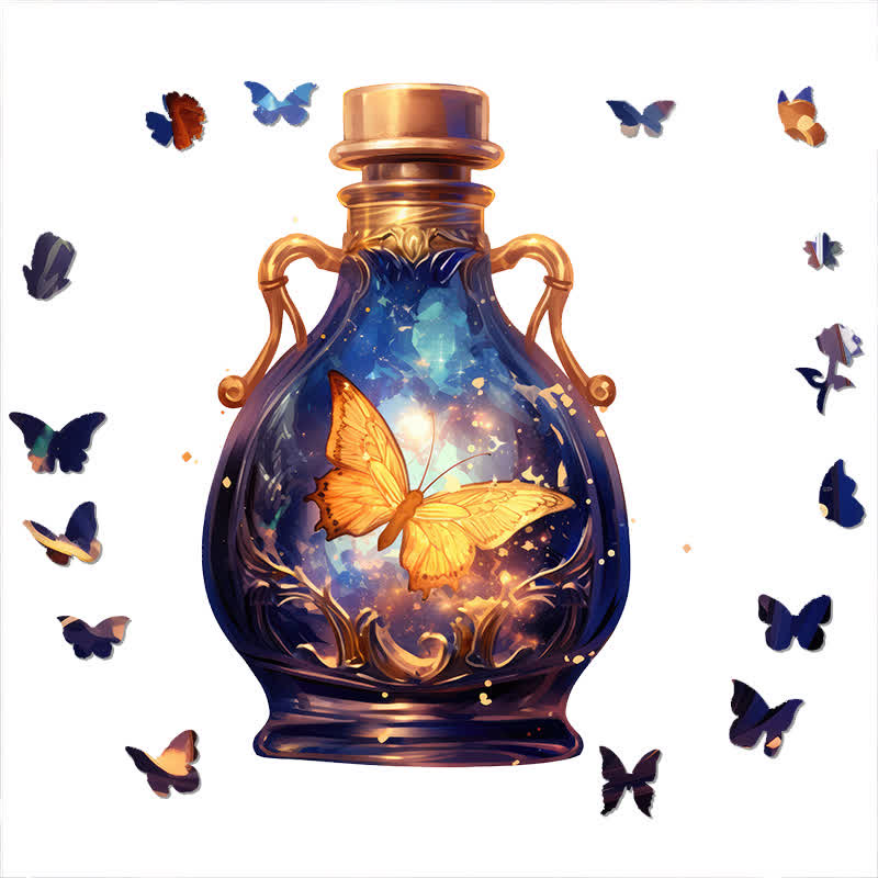 Golden butterfly flying in glass bottle - Wooden Jigsaw Puzzle - image 1