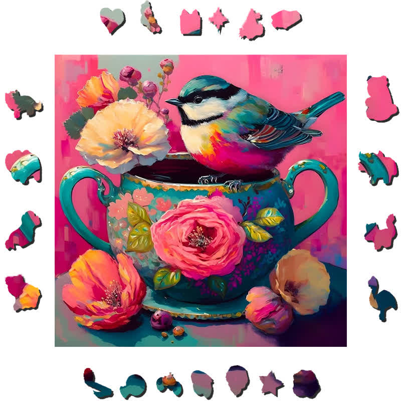 Pink Bird's Tea break dessert party - Wooden Jigsaw Puzzle - image 1