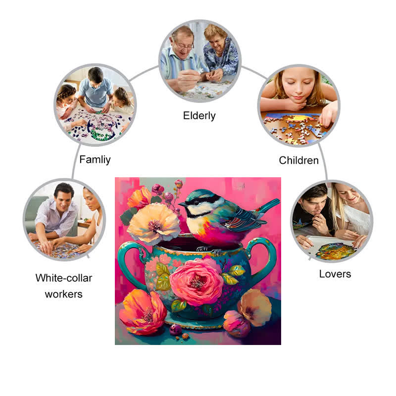 Pink Bird's Tea break dessert party - Wooden Jigsaw Puzzle - image 6