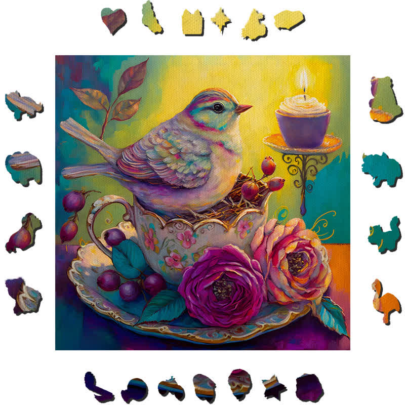 Bird in tea cup Tea - Wooden Jigsaw Puzzle - image 1