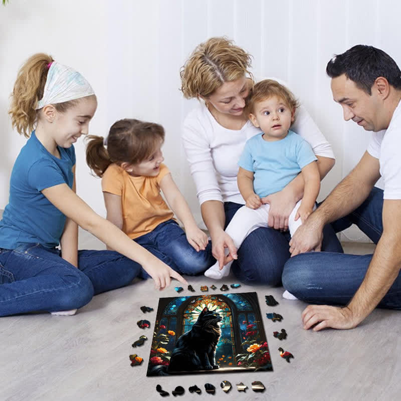 Black Cat With Glass - Wooden Jigsaw Puzzle - image 2