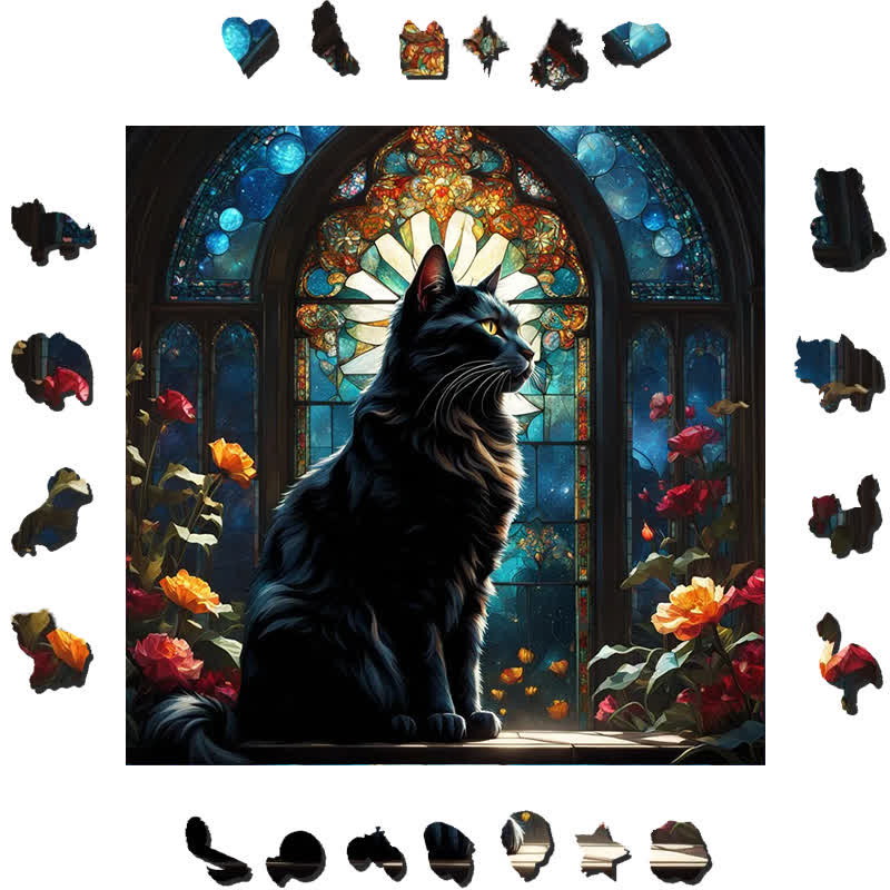 Black Cat With Glass - Wooden Jigsaw Puzzle - image 1