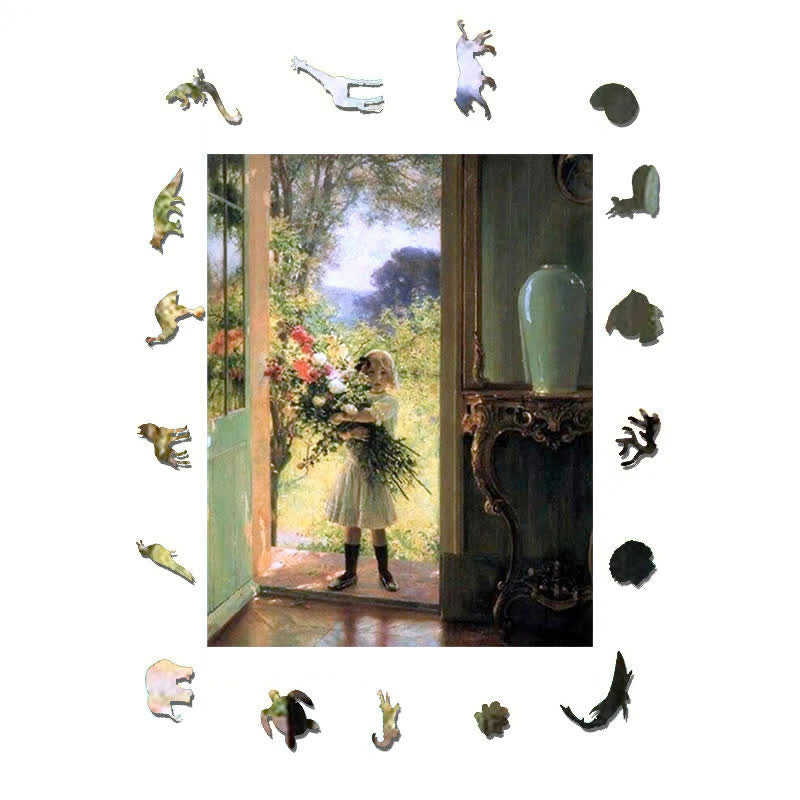 Little girl with huge bouquet - Wooden Jigsaw Puzzle - image 1