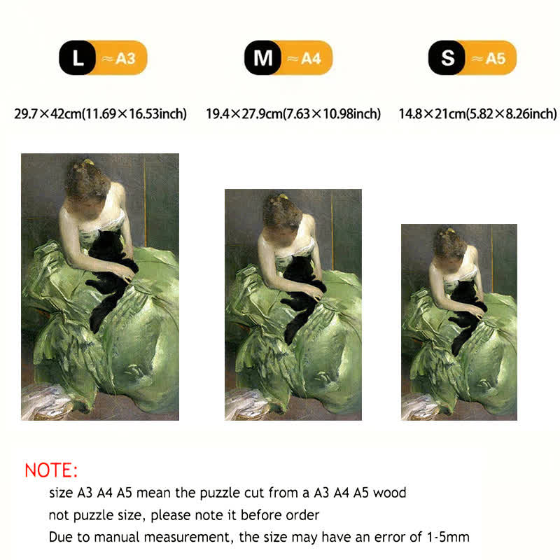 Woman in Green Dress with Black Cat - Wooden Jigsaw Puzzle - image 4