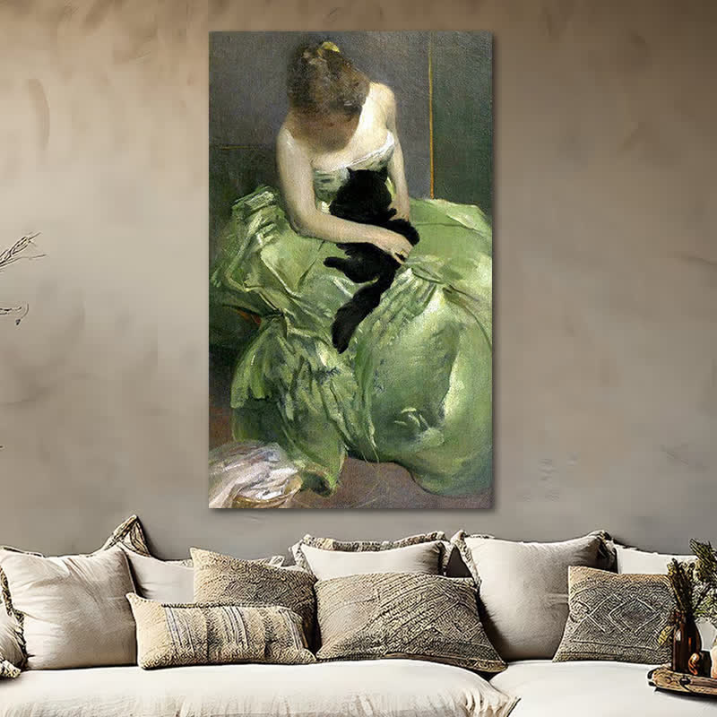 Woman in Green Dress with Black Cat - Wooden Jigsaw Puzzle - image 5