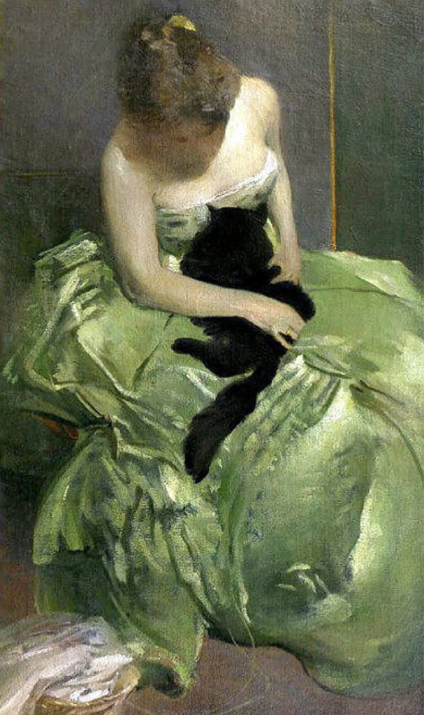 Woman in Green Dress with Black Cat - Wooden Jigsaw Puzzle - A3  - Wooden Gift Packaging - image 0