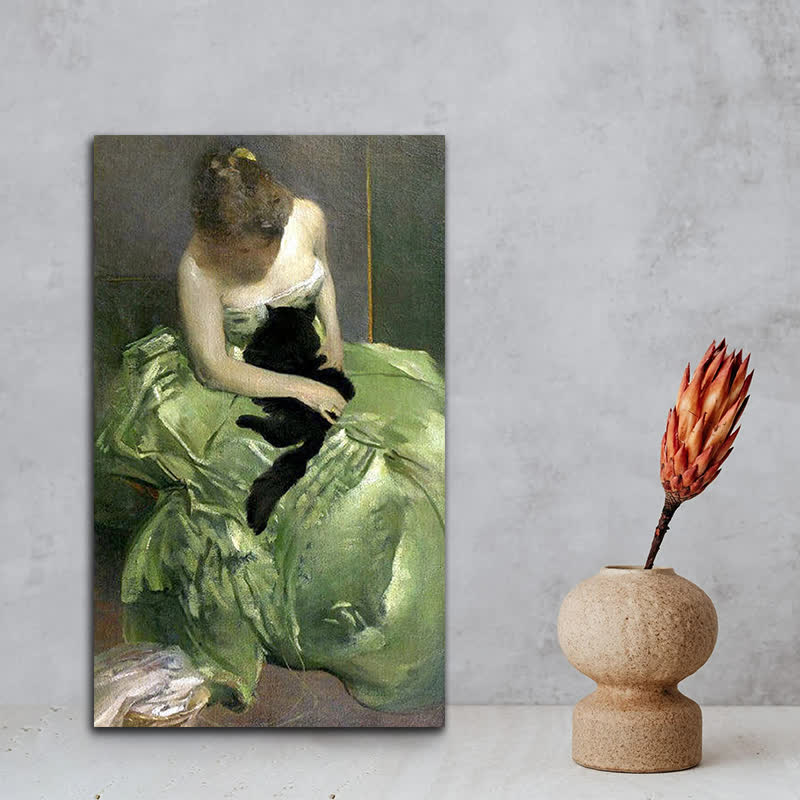 Woman in Green Dress with Black Cat - Wooden Jigsaw Puzzle - image 3