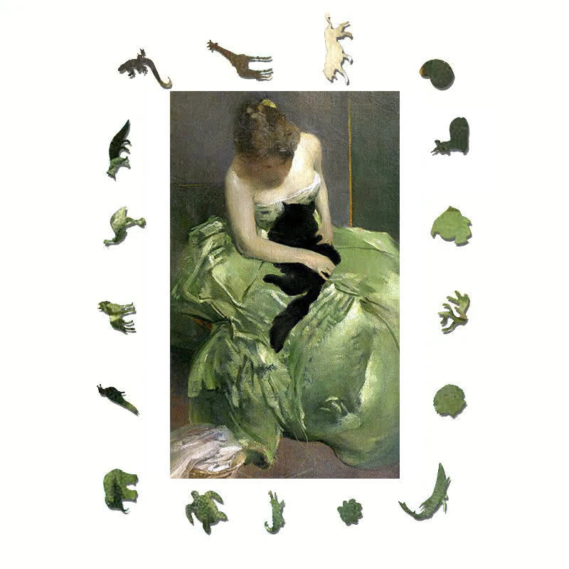 Woman in Green Dress with Black Cat - Wooden Jigsaw Puzzle - image 1