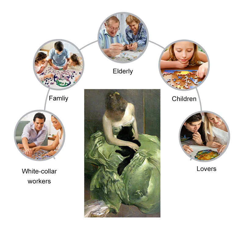 Woman in Green Dress with Black Cat - Wooden Jigsaw Puzzle - image 2