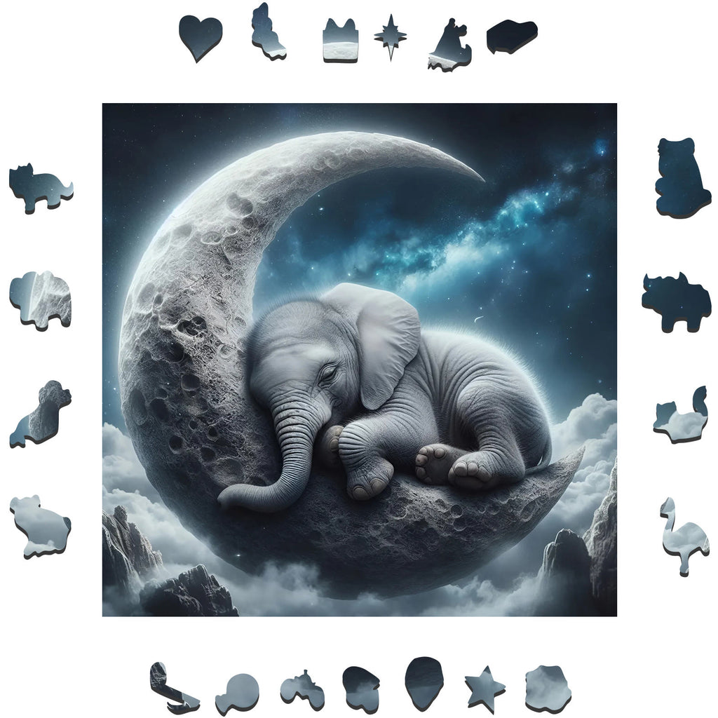 Sleepy Elephant on the Moon - Wooden Jigsaw Puzzle - image 1