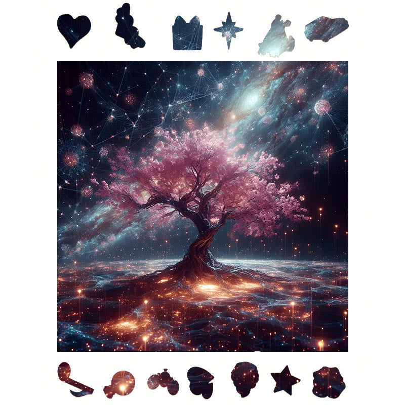 Sakura tree under the cosmic starry sky - Wooden Jigsaw Puzzle - image 1