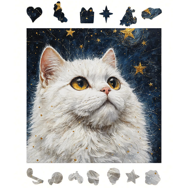 White cat under the starry sky - Wooden Jigsaw Puzzle - image 1
