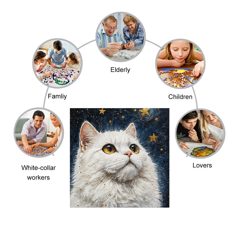 White cat under the starry sky - Wooden Jigsaw Puzzle - image 3