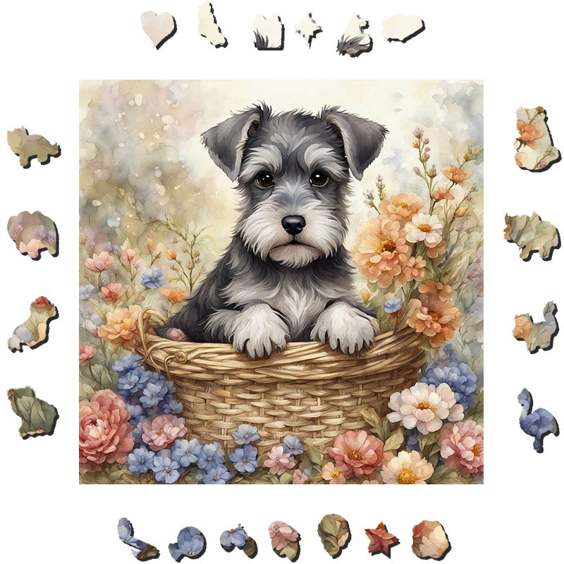 puppy holdis a bouquet of flowers - Wooden Jigsaw Puzzle - image 1