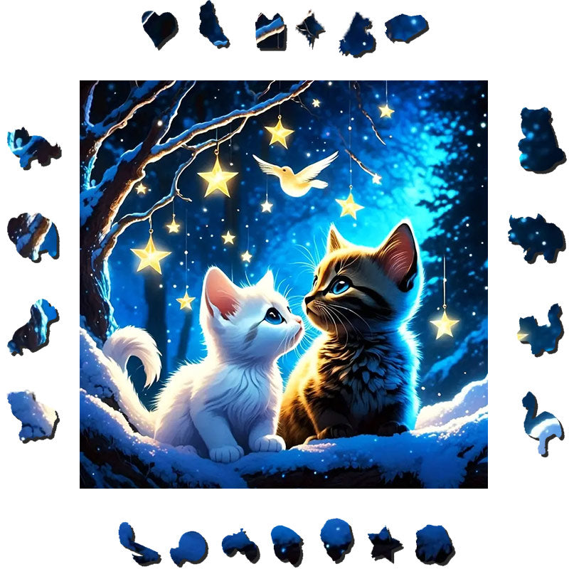 Cats Under The Starry Night Scene - Wooden Jigsaw Puzzle - image 1