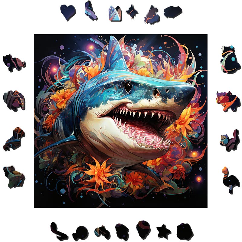 Shark Emerges From Flowers - Wooden Jigsaw Puzzle - image 1