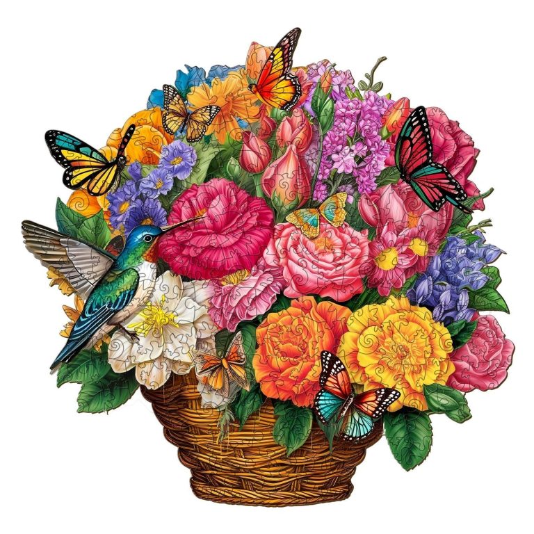 Flower Basket ‘Peonies and Butterflies’ - Wooden Jigsaw Puzzles - A3 - Wooden Gift Packaging - image 0