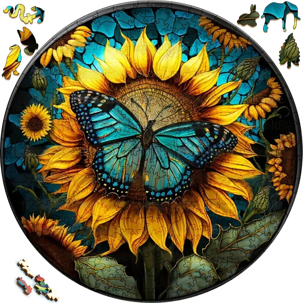 Beautiful Teal Butterfly on Yellow Sunflower - Wooden Jigsaw Puzzle - image 1