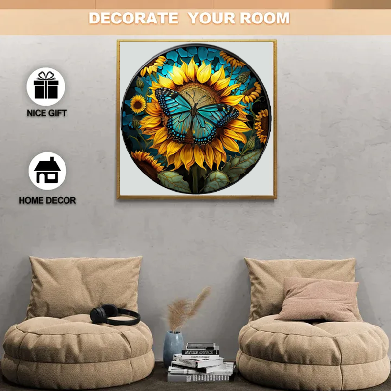 Beautiful Teal Butterfly on Yellow Sunflower - Wooden Jigsaw Puzzle - image 3