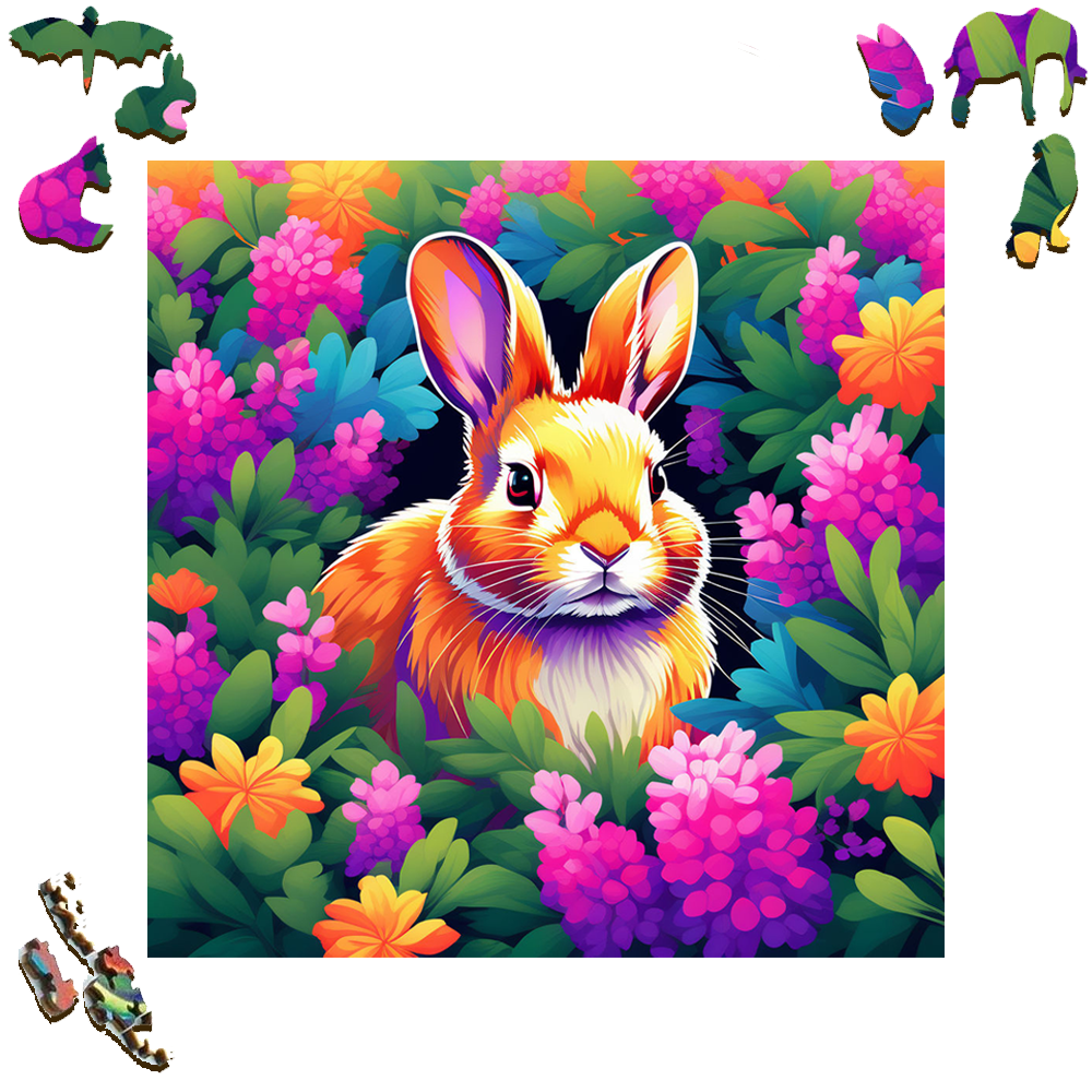 Colorful Flowers And Rabbit - Wooden Jigsaw Puzzle - image 1