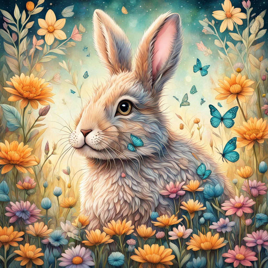 Rabbit Among Butterflies And Flowers - Wooden Jigsaw Puzzle - A3  - image 0
