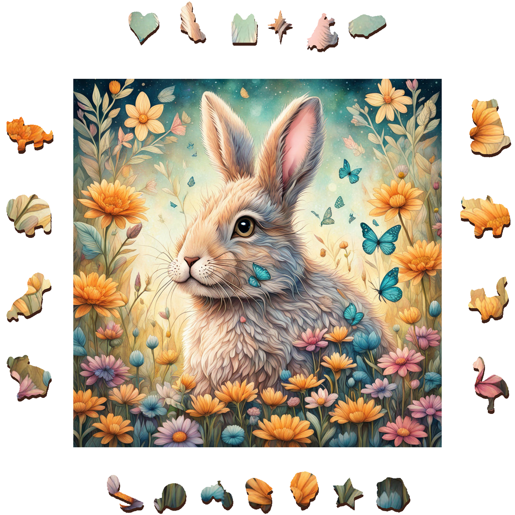 Rabbit Among Butterflies And Flowers - Wooden Jigsaw Puzzle - image 1