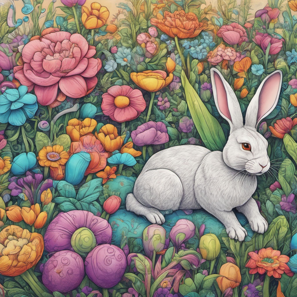 Rabbit Resting Among Lush Flowers - Wooden Jigsaw Puzzle - A3  - image 0