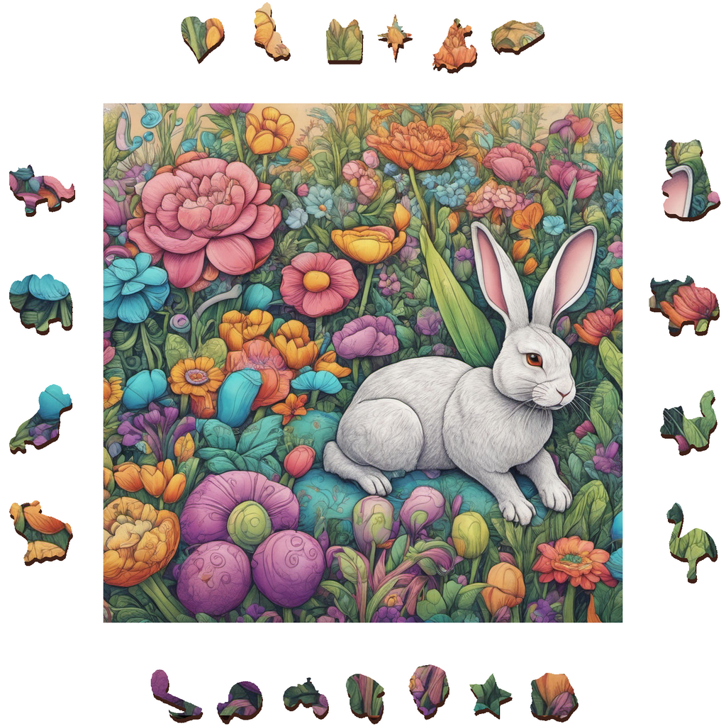 Rabbit Resting Among Lush Flowers - Wooden Jigsaw Puzzle - image 3