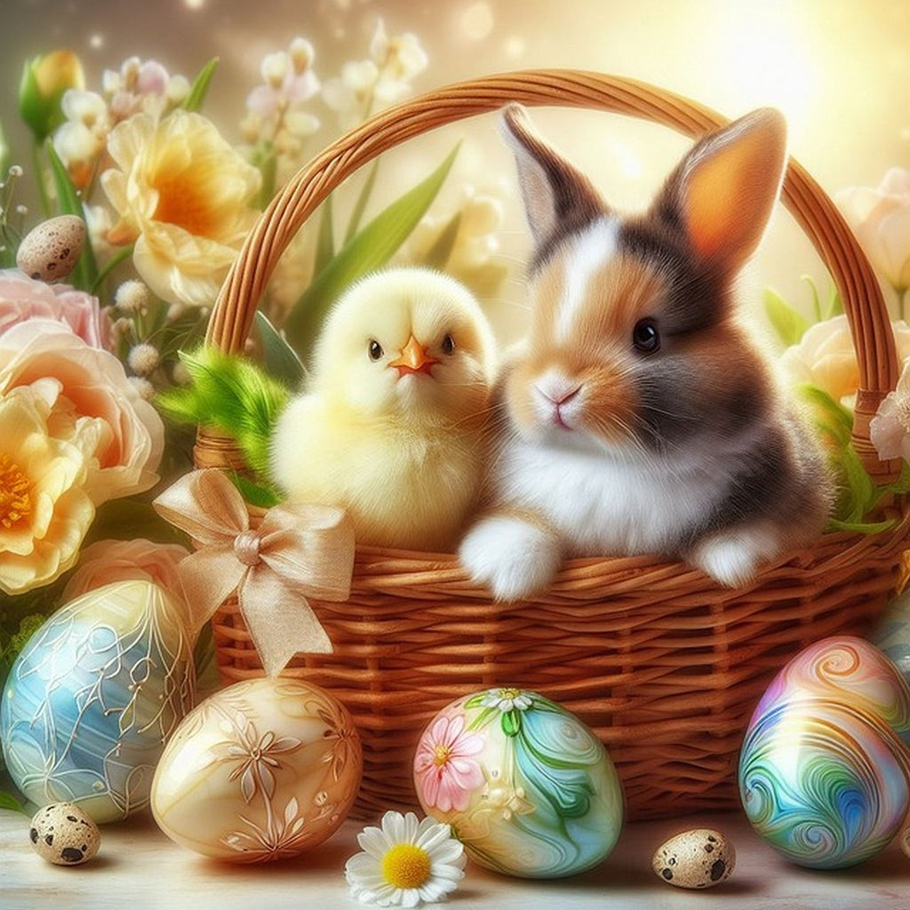 Easter bunny and chicks in flower basket - Wooden Jigsaw Puzzle - image 0