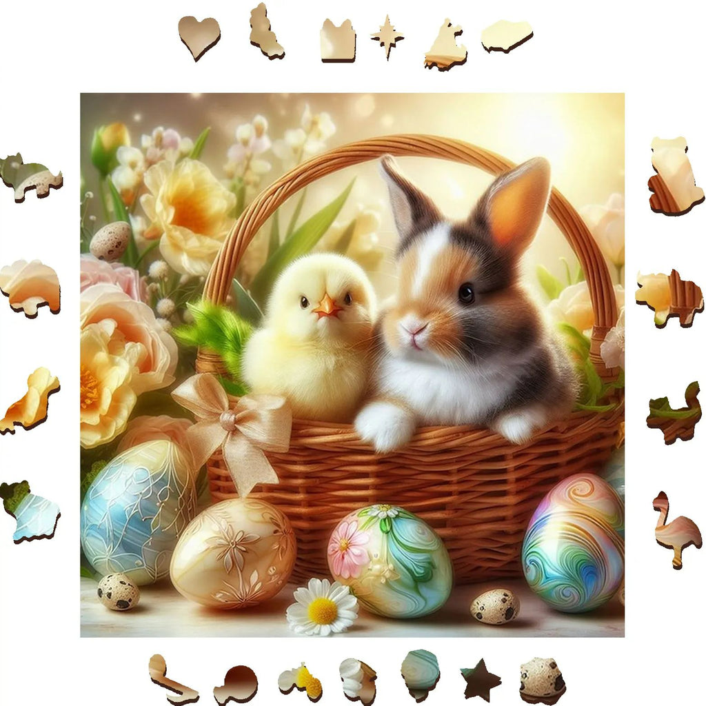 Easter bunny and chicks in flower basket - Wooden Jigsaw Puzzle - A3  - Wooden Gift Packaging - image 1