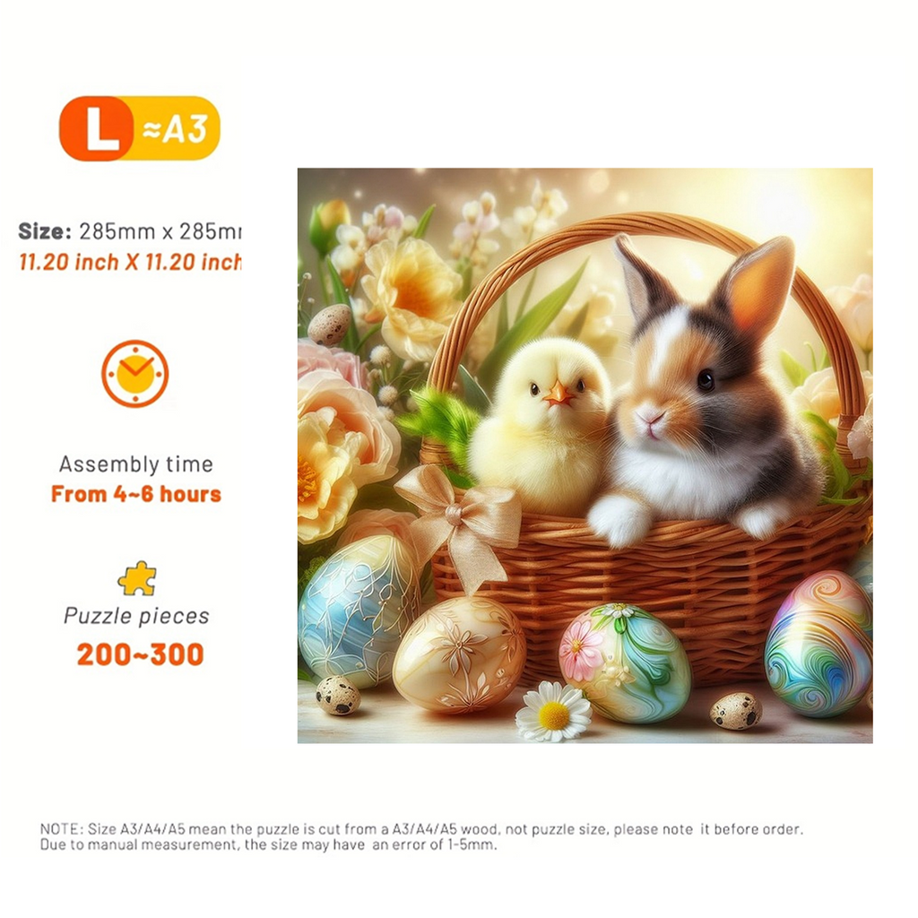 Easter bunny and chicks in flower basket - Wooden Jigsaw Puzzle - image 3
