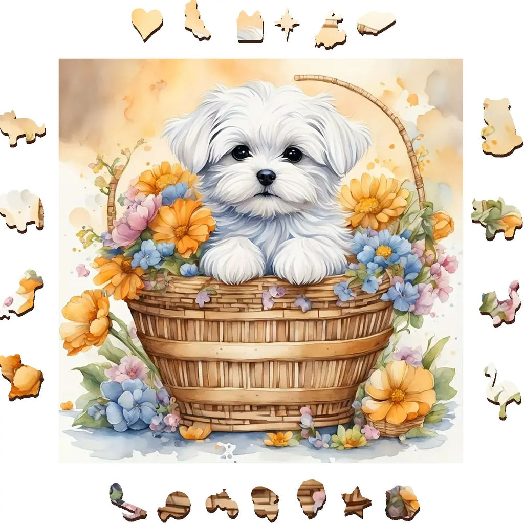 Cute Puppy In Flower Basket - Wooden Jigsaw Puzzle - image 1